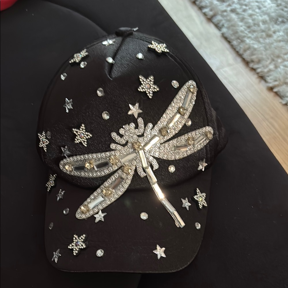 Black Cap with Rhinestone Dragonfly Design
